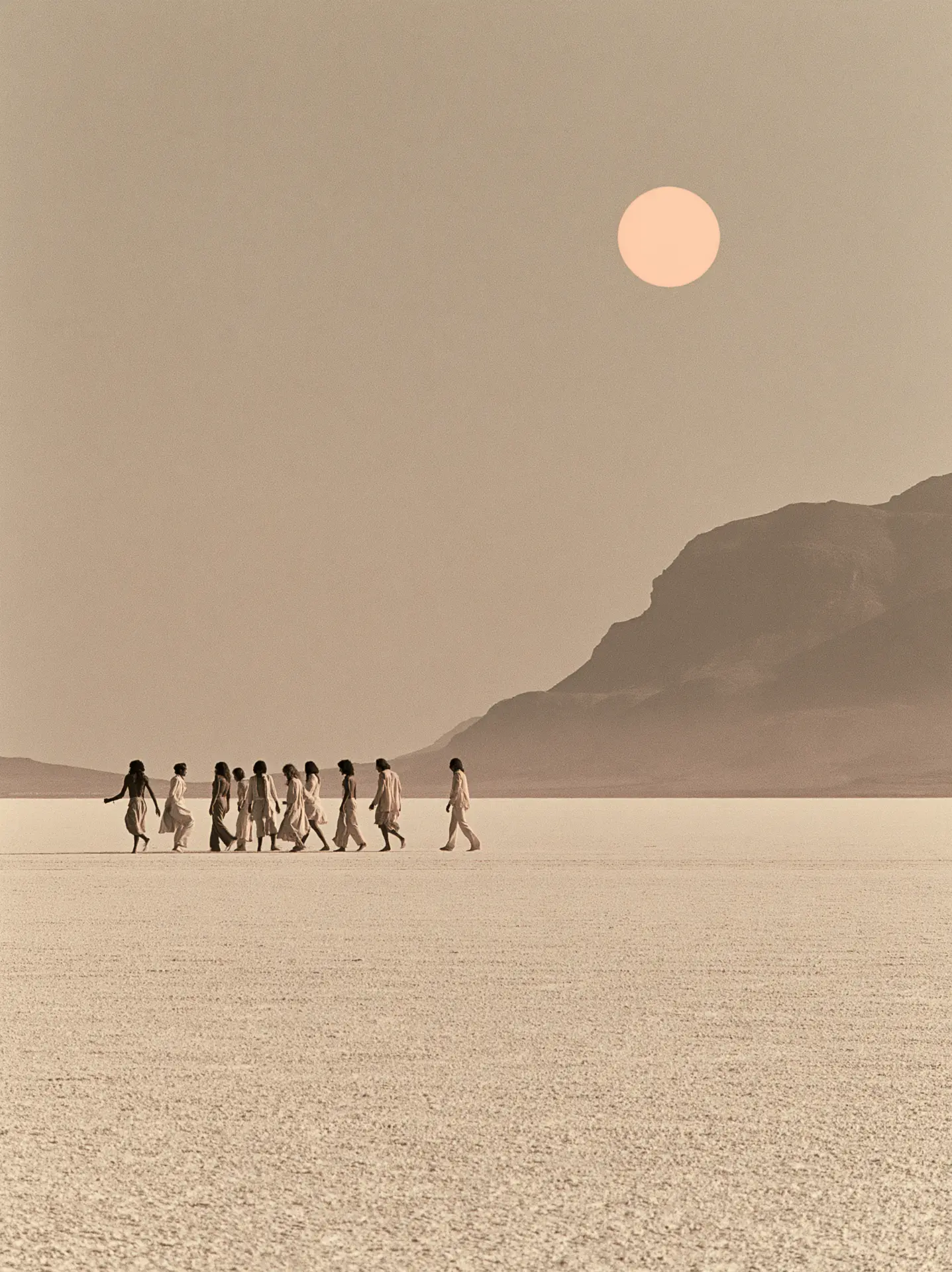 A distant line of figures walking across a wide desert plain beneath a pale sun