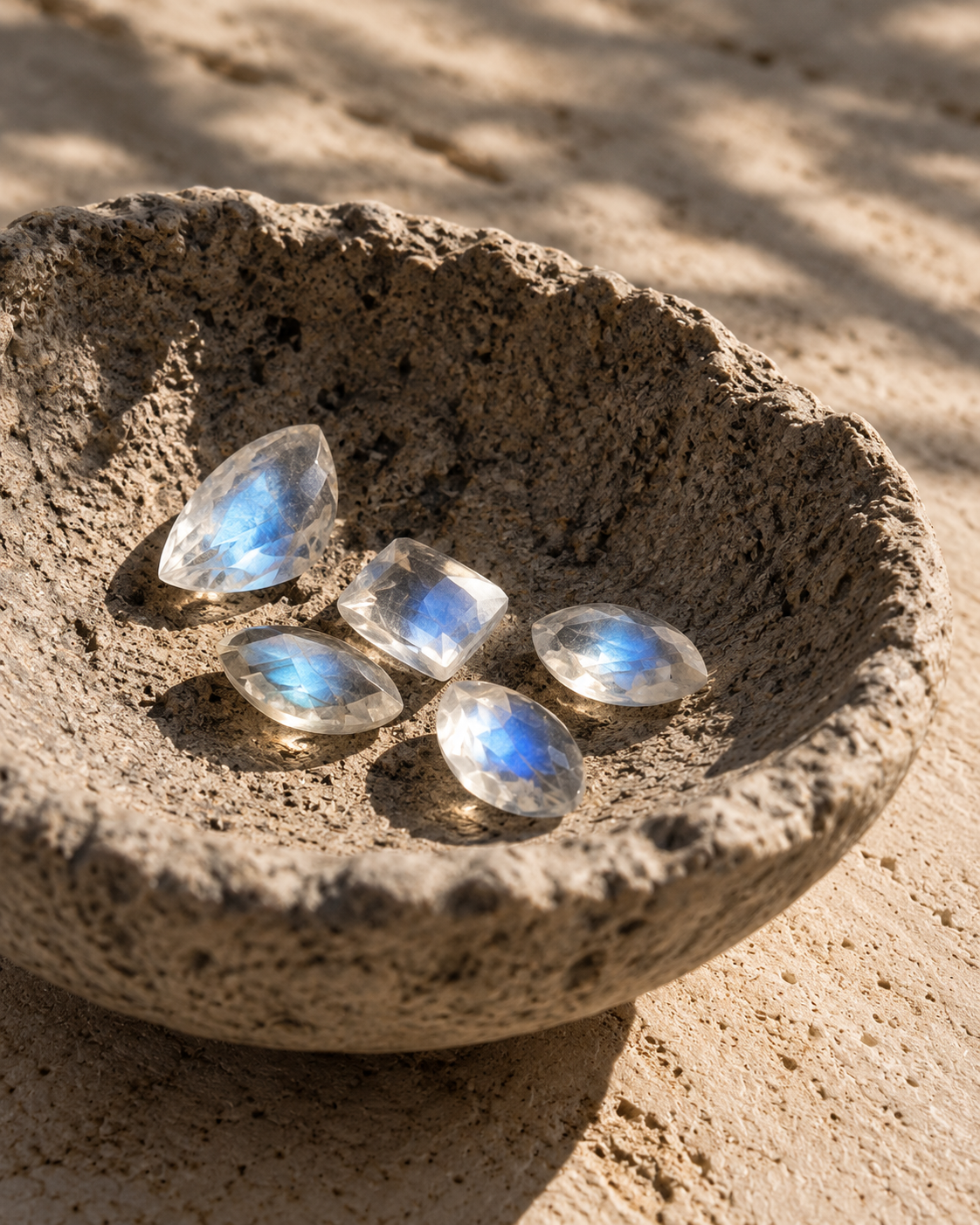 Faceted moonstones in a stone bowl
