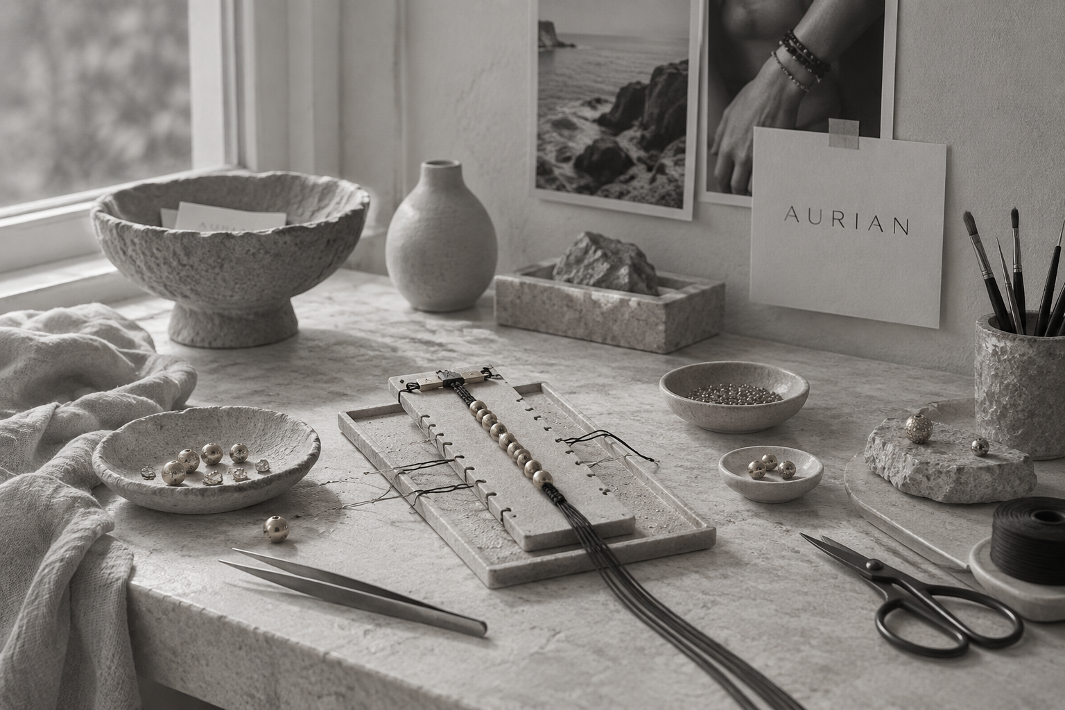 AURIAN atelier workbench with hand tools, beads, and macramé cords arranged for weaving
